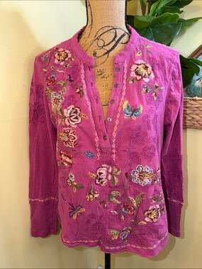 Sundance Magenta Embroidered Floral & Butterfly Long Sleeve Tee